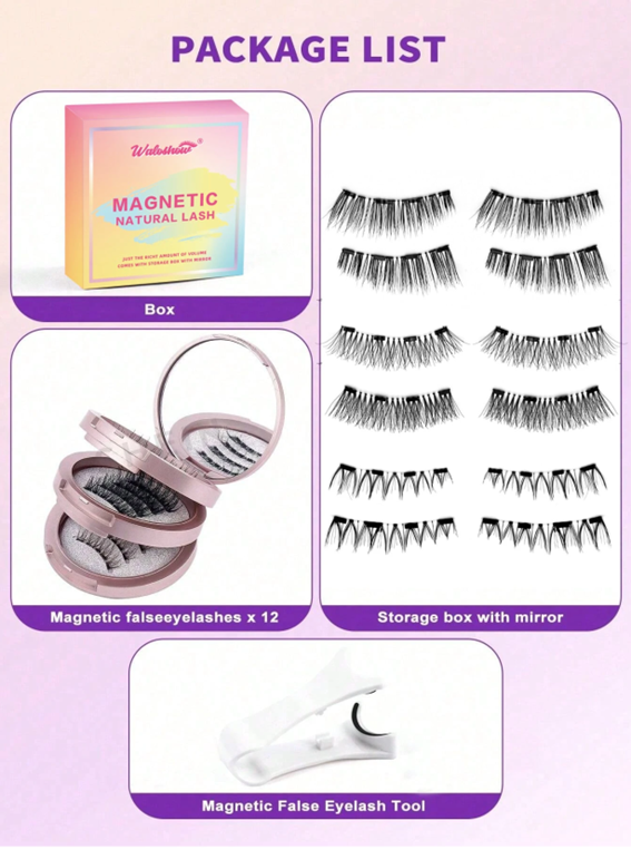 Waloshow 3 Pairs/Set Curled Natural Look Reusable Magnetic Eyelashes With Professional Applicator
