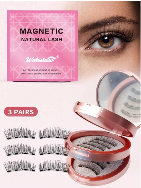 Waloshow 3 Pairs/Set Curled Natural Look Reusable Magnetic Eyelashes With Professional Applicator