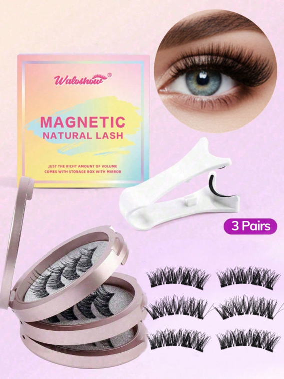 Waloshow 3 Pairs/Set Curled Natural Look Reusable Magnetic Eyelashes With Professional Applicator