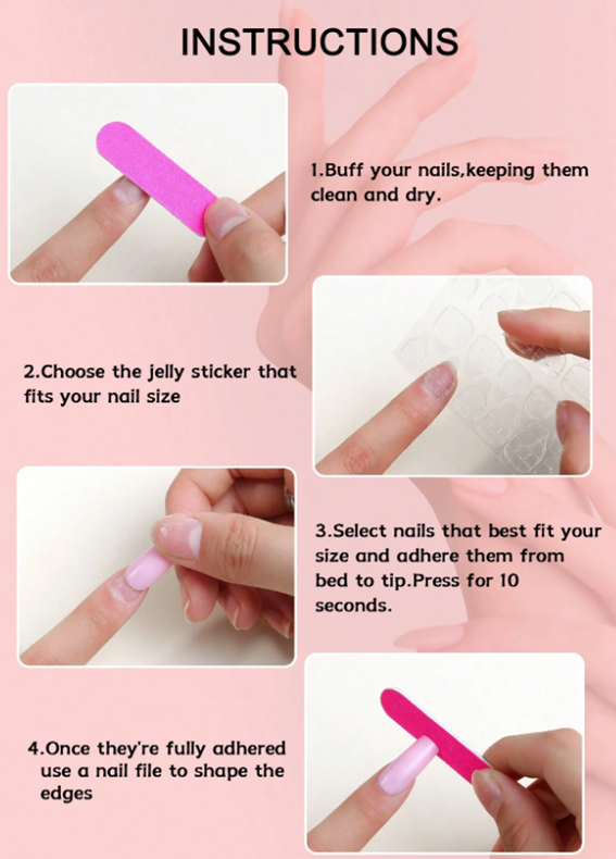Instructions for using nail extensions with images of hands and tools