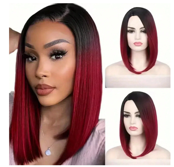 35.56 cm Bowl Cut Wig, Ombre Black To Red