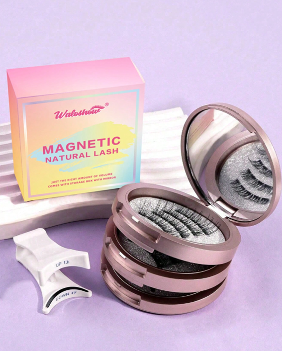 Waloshow 3 Pairs/Set Curled Natural Look Reusable Magnetic Eyelashes With Professional Applicator