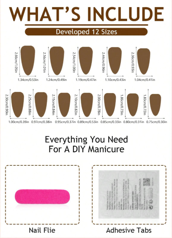 Product packaging with nail files and adhesive tabs for a DIY manicure, showing different sizes.
