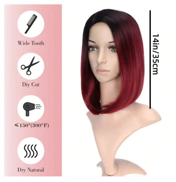 35.56 cm Bowl Cut Wig, Ombre Black To Red
