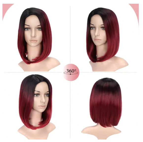35.56 cm Bowl Cut Wig, Ombre Black To Red