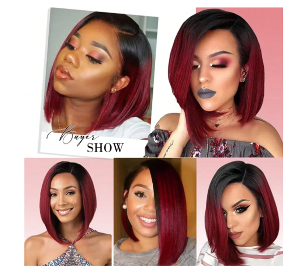 35.56 cm Bowl Cut Wig, Ombre Black To Red