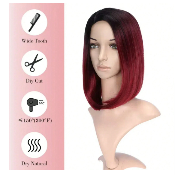 35.56 cm Bowl Cut Wig, Ombre Black To Red