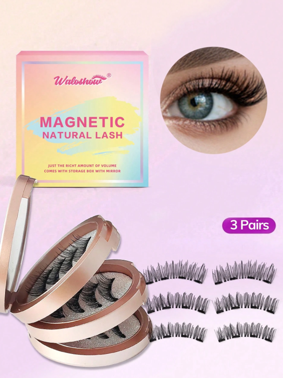 Waloshow 3 Pairs/Set Curled Natural Look Reusable Magnetic Eyelashes With Professional Applicator