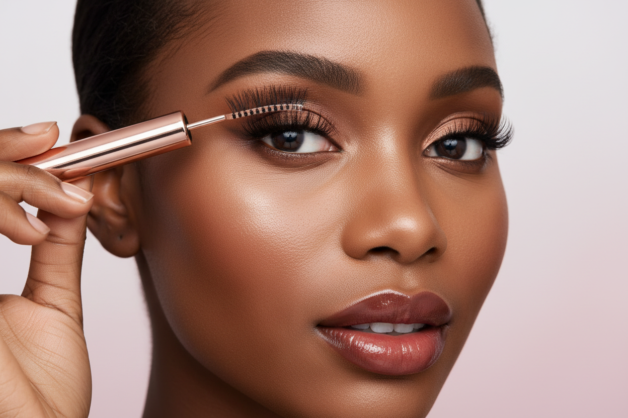 give me a dark skinned model applying magnetic fake lashes 
