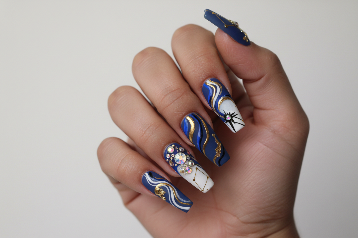 give me a dark skinned model hand with matt fake nails which catches the eye with decals