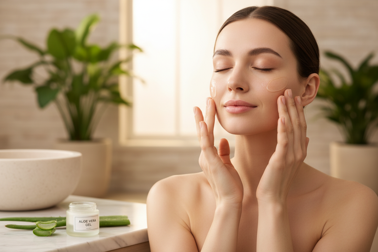 give me a model applying aloe vera gel on her face 