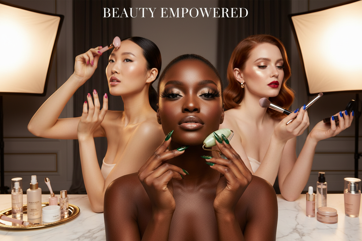 give me powerful models slaying with nails lashes and facial massage rollers