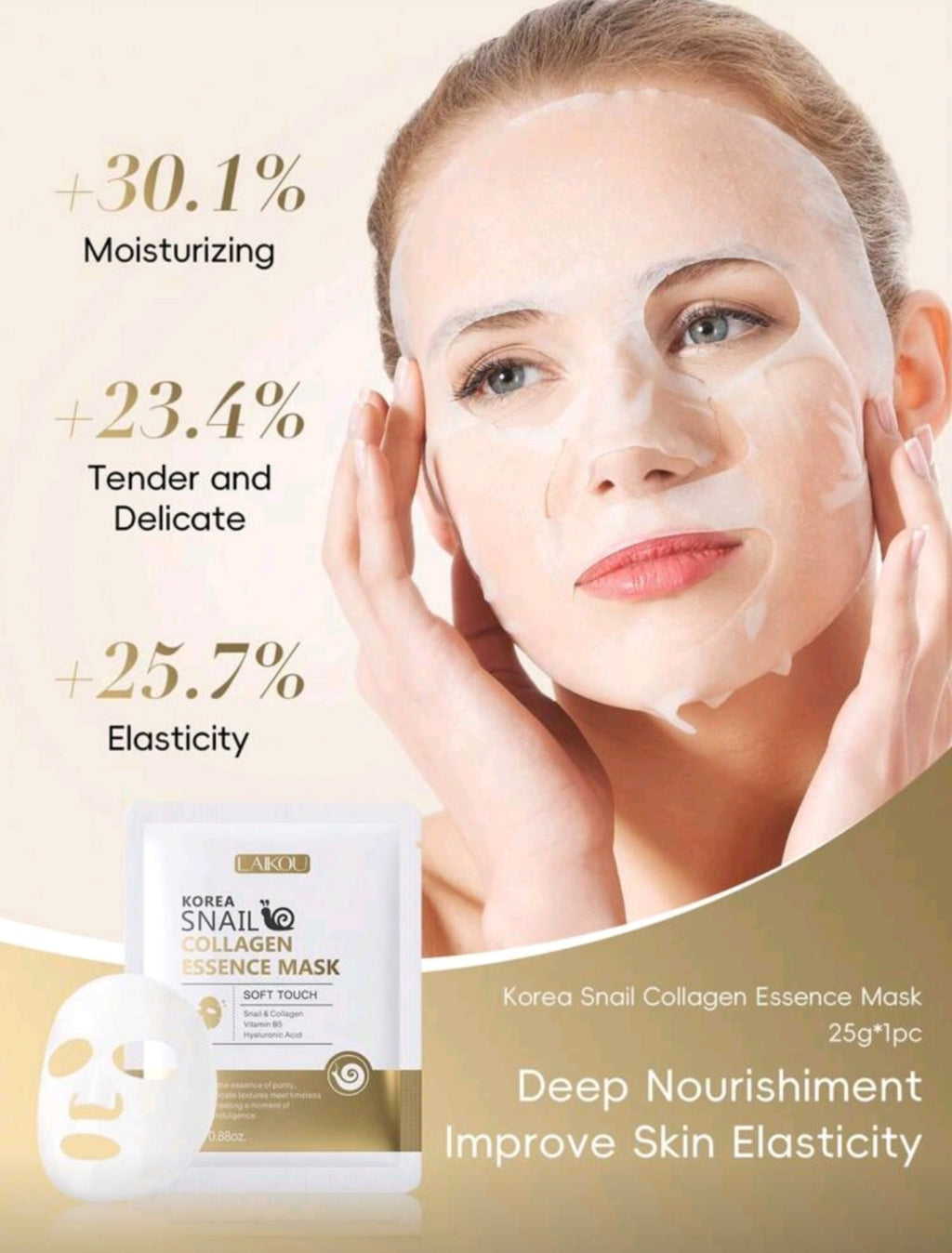 20 piece LAIKOU Korean Snail Collegen, Milk Silk or Vitamin C Moisturizing Face Mask