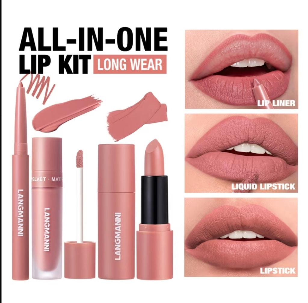 3 Set Matte Velvet Lipstick, Lip Liner Lip Gloss And Lipstick, Waterproof and Longlasting