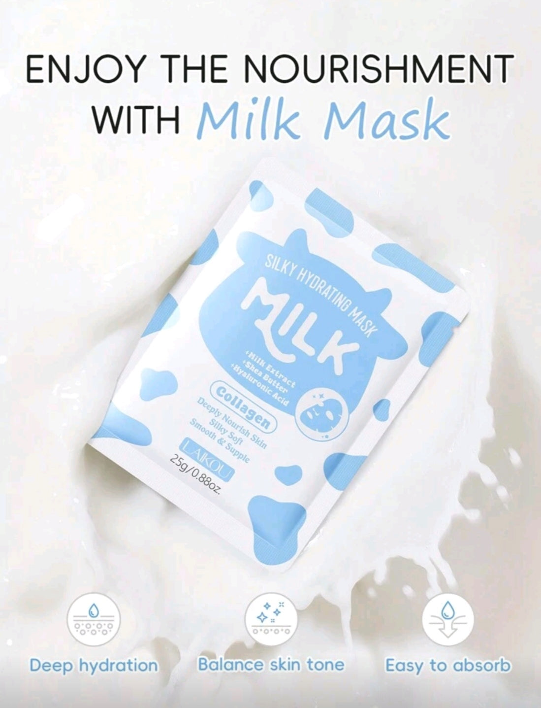 20 piece LAIKOU Korean Snail Collegen, Milk Silk or Vitamin C Moisturizing Face Mask
