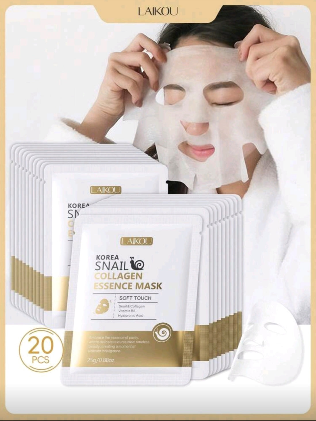 20 piece LAIKOU Korean Snail Collegen, Milk Silk or Vitamin C Moisturizing Face Mask