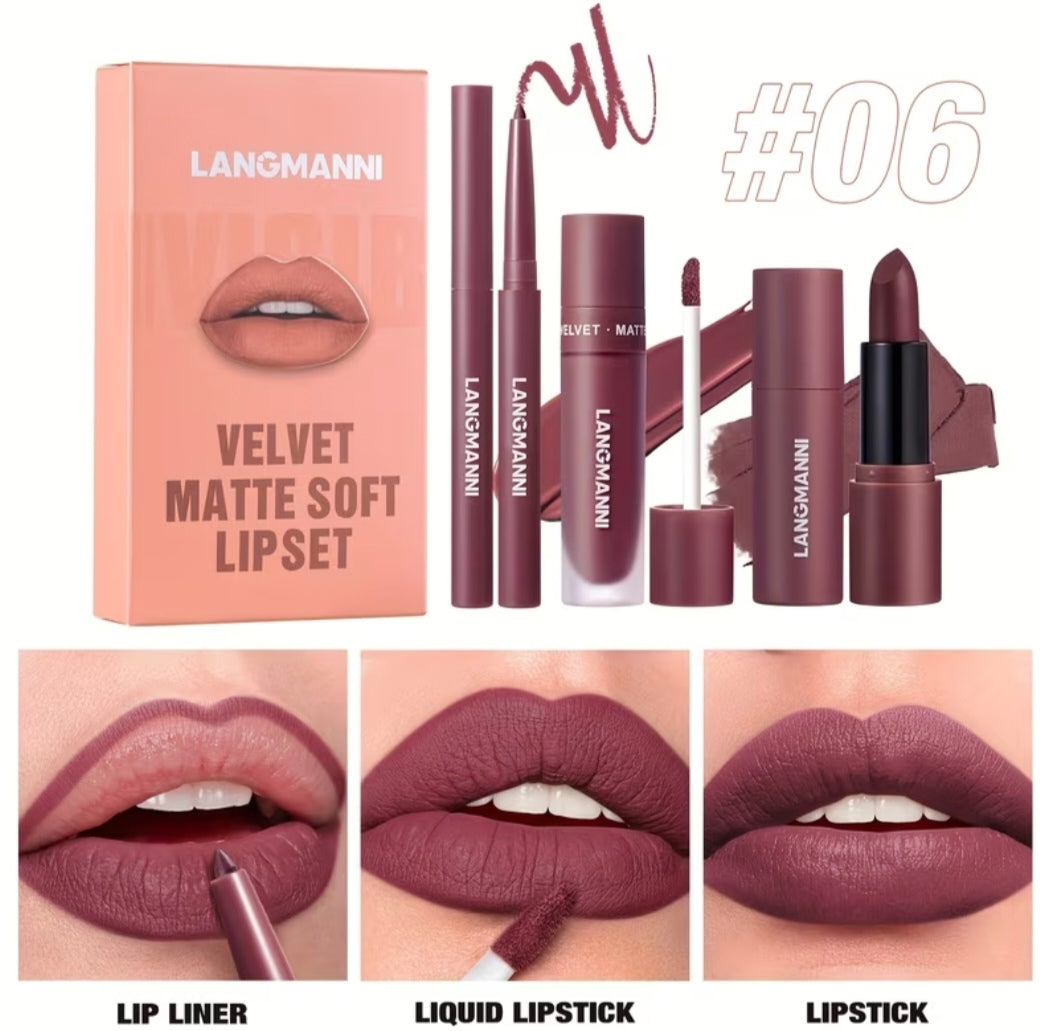 3 Set Matte Velvet Lipstick, Lip Liner Lip Gloss And Lipstick, Waterproof and Longlasting