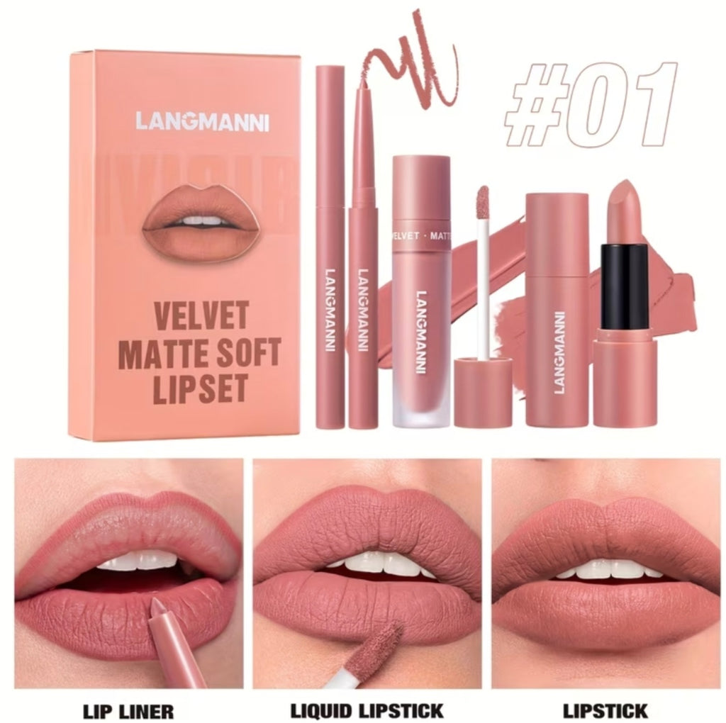 3 Set Matte Velvet Lipstick, Lip Liner Lip Gloss And Lipstick, Waterproof and Longlasting