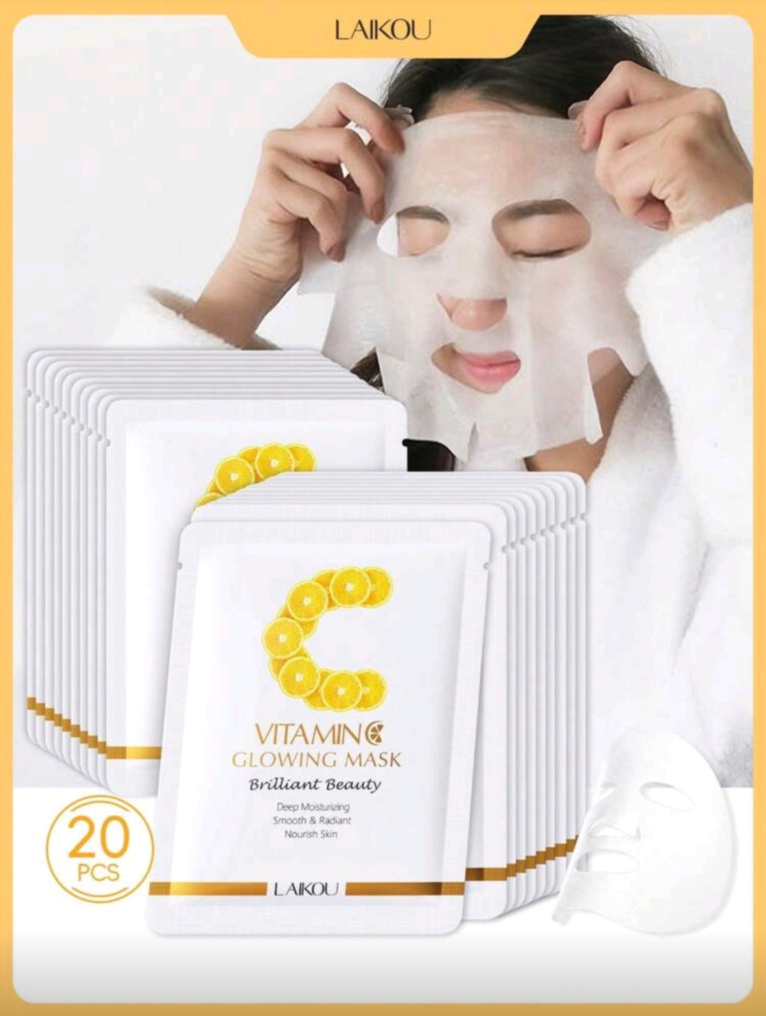 20 piece LAIKOU Korean Snail Collegen, Milk Silk or Vitamin C Moisturizing Face Mask