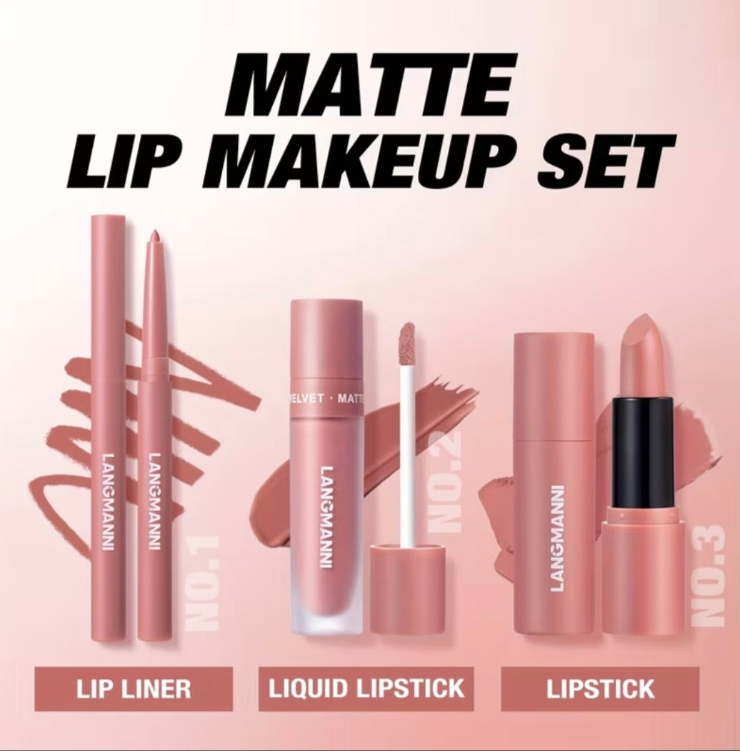 3 Set Matte Velvet Lipstick, Lip Liner Lip Gloss And Lipstick, Waterproof and Longlasting