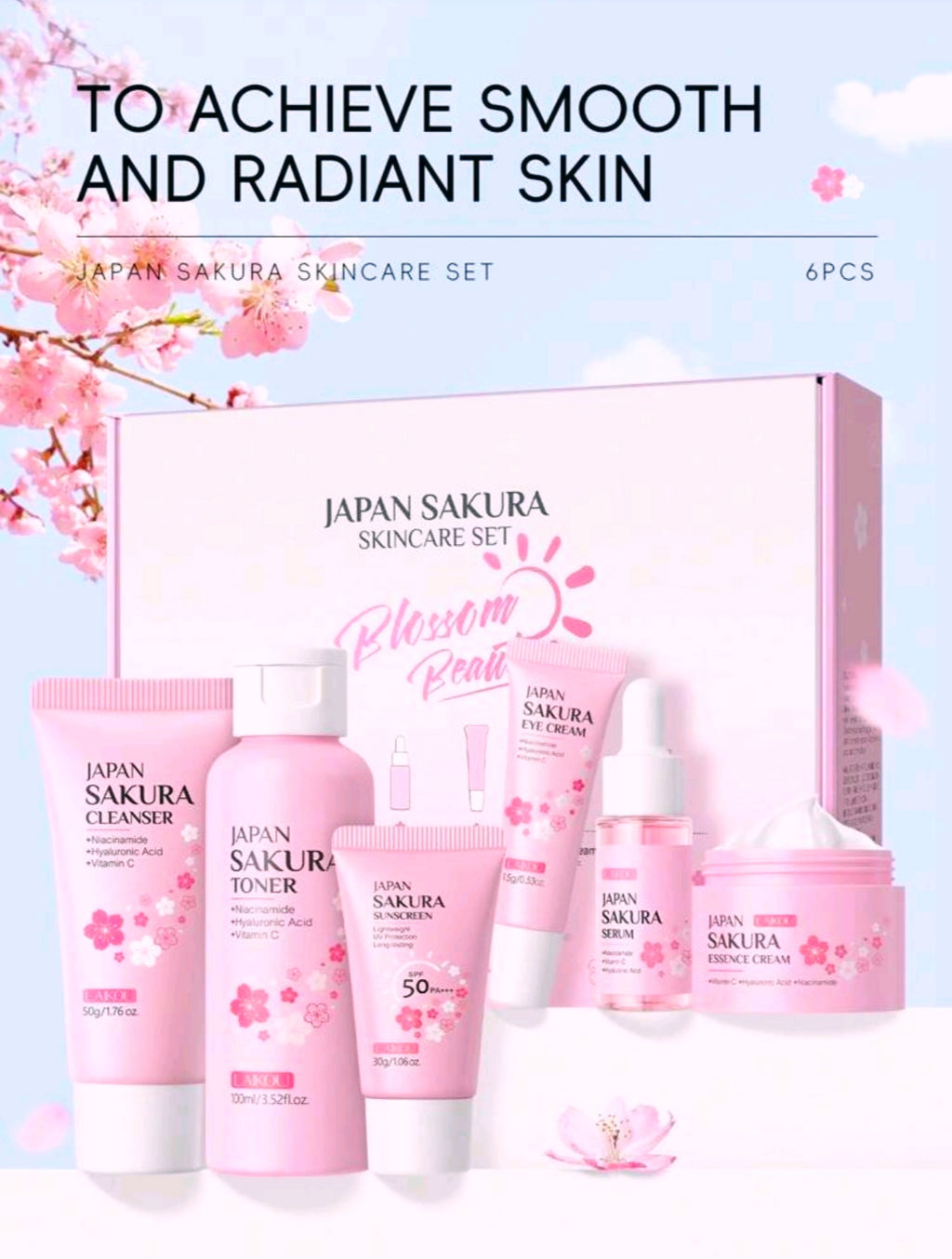1 Set, 6 Piece Deep Nourishing LAIKOU JAPAN SAKURA SKINCARE SET