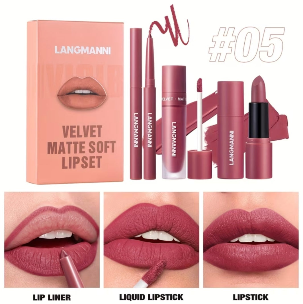 3 Set Matte Velvet Lipstick, Lip Liner Lip Gloss And Lipstick, Waterproof and Longlasting