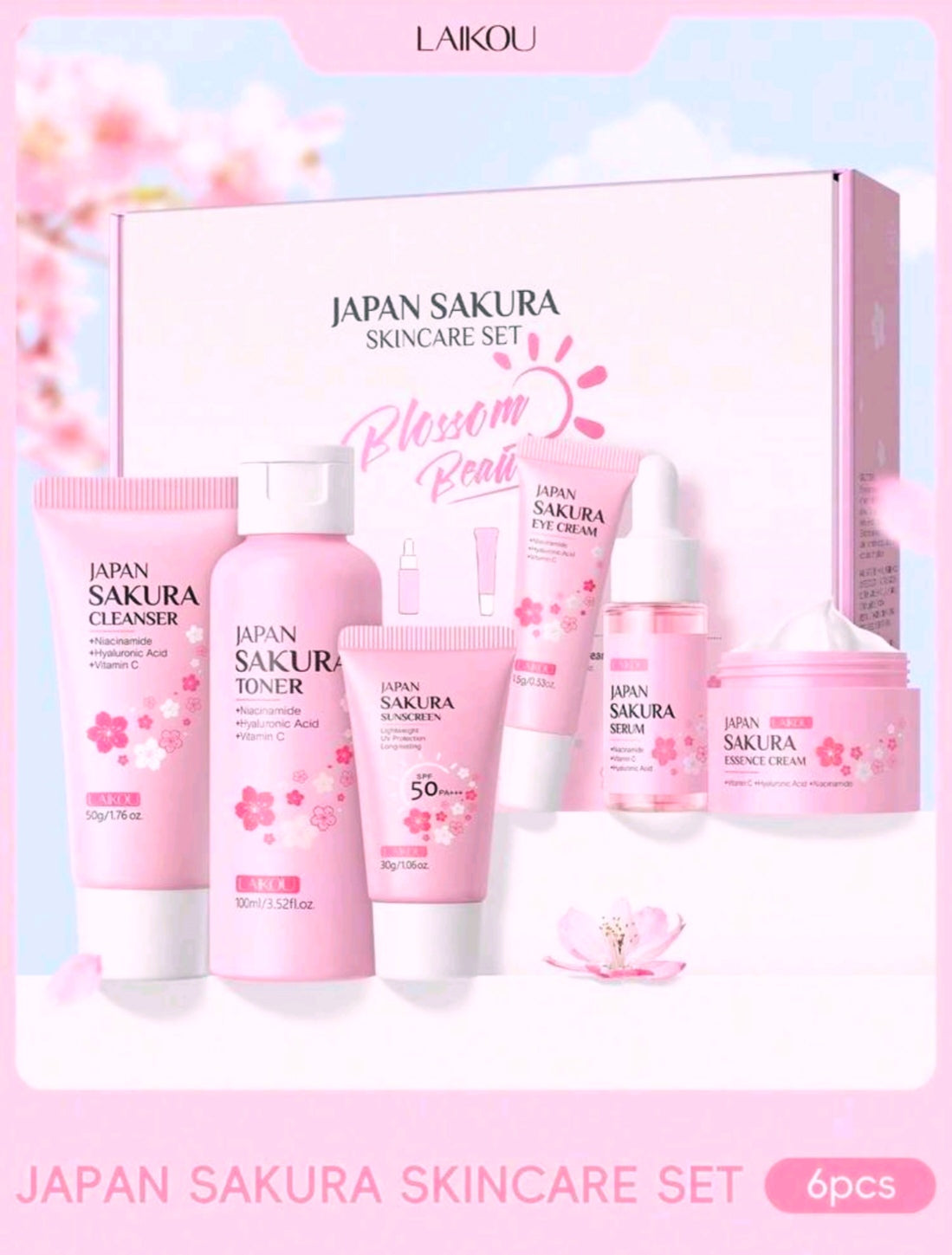 1 Set, 6 Piece Deep Nourishing LAIKOU JAPAN SAKURA SKINCARE SET