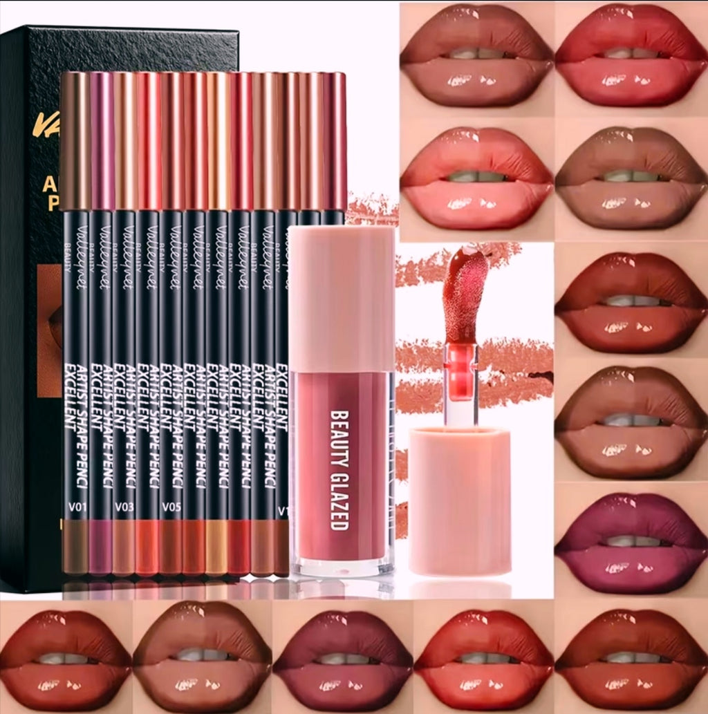12 Matte Lip Liners +1 Lip Gloss Long-Lasting, Waterproof.