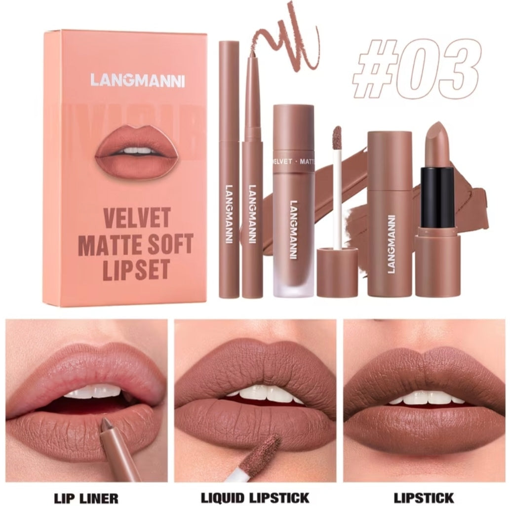 3 Set Matte Velvet Lipstick, Lip Liner Lip Gloss And Lipstick, Waterproof and Longlasting