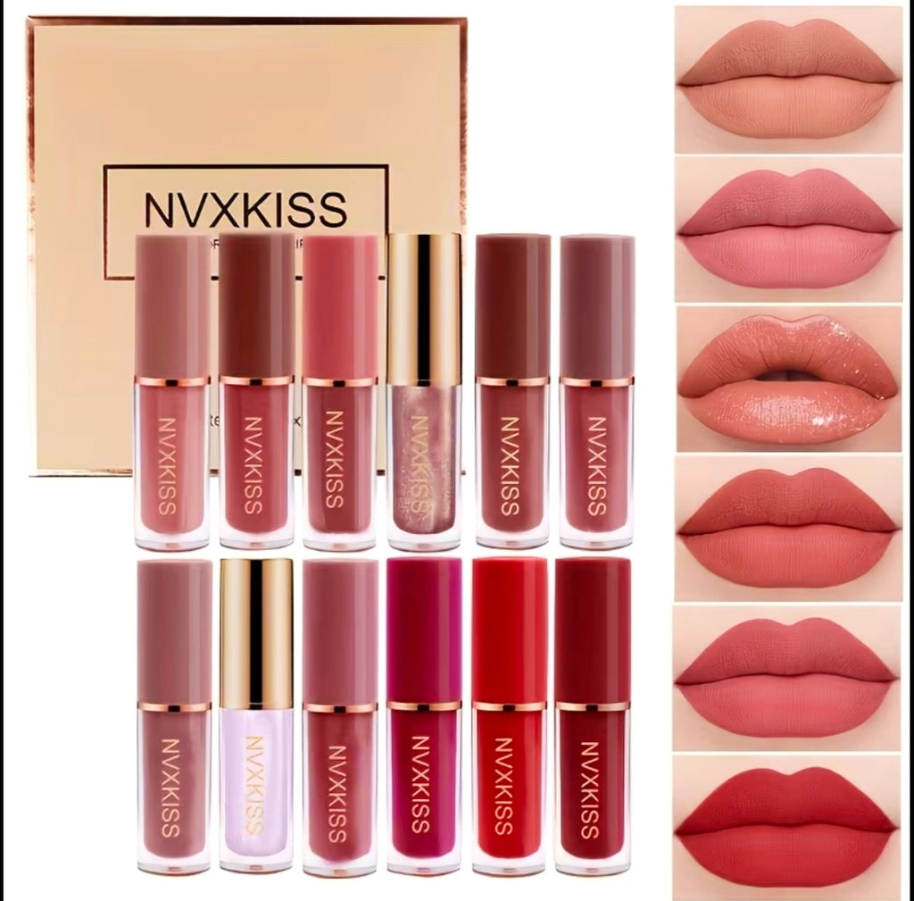 12 Matte Lipstick & Lip Gloss Set, Waterproof, Long-Lasting and Non-Fading