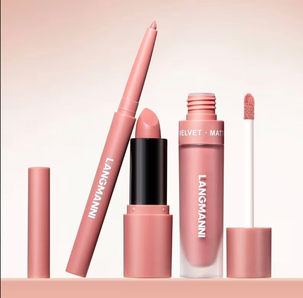 3 Set Matte Velvet Lipstick, Lip Liner Lip Gloss And Lipstick, Waterproof and Longlasting