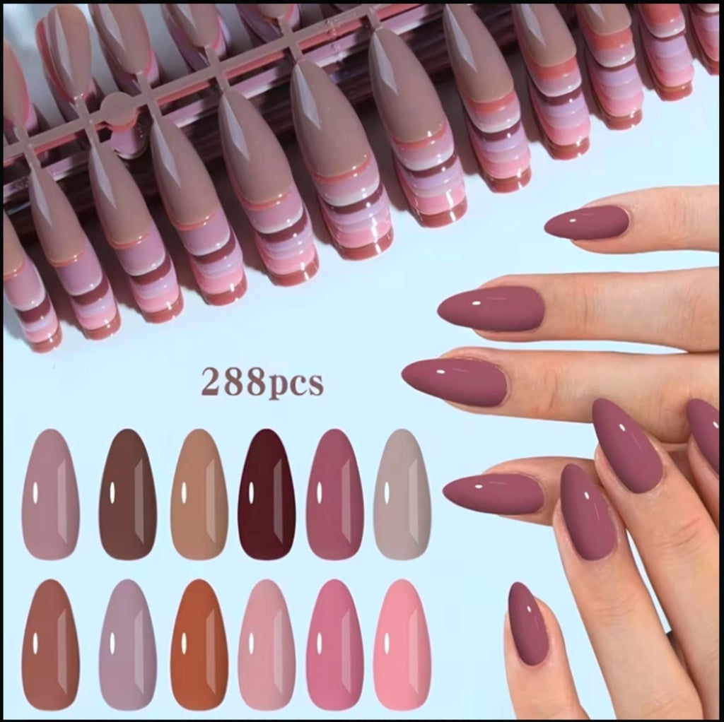 288 pieces (12 Mixed Designs) Almond Nails, Shaped Glossy Acrylic Press-On Nails