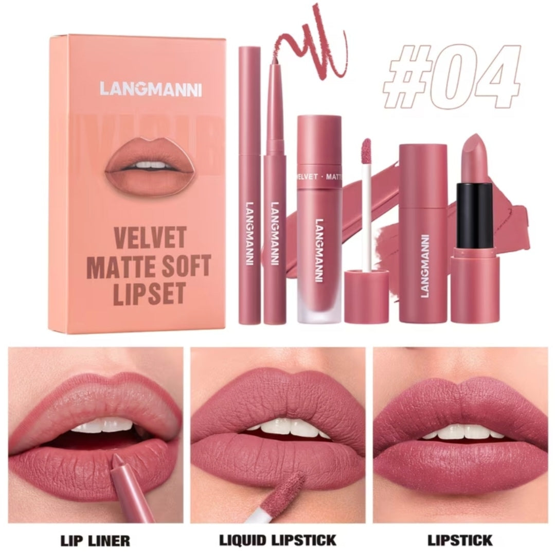 3 Set Matte Velvet Lipstick, Lip Liner Lip Gloss And Lipstick, Waterproof and Longlasting
