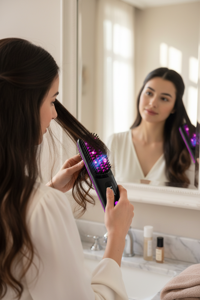 Cordless Hair Straightener Brush With LCD Display Adjustable Temperature