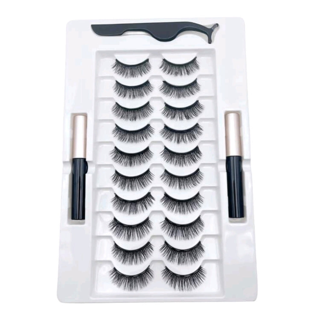 10 Pairs Magnetic Eyelashes Kit With - 2 Magnetic Eyeliners & Tweezer