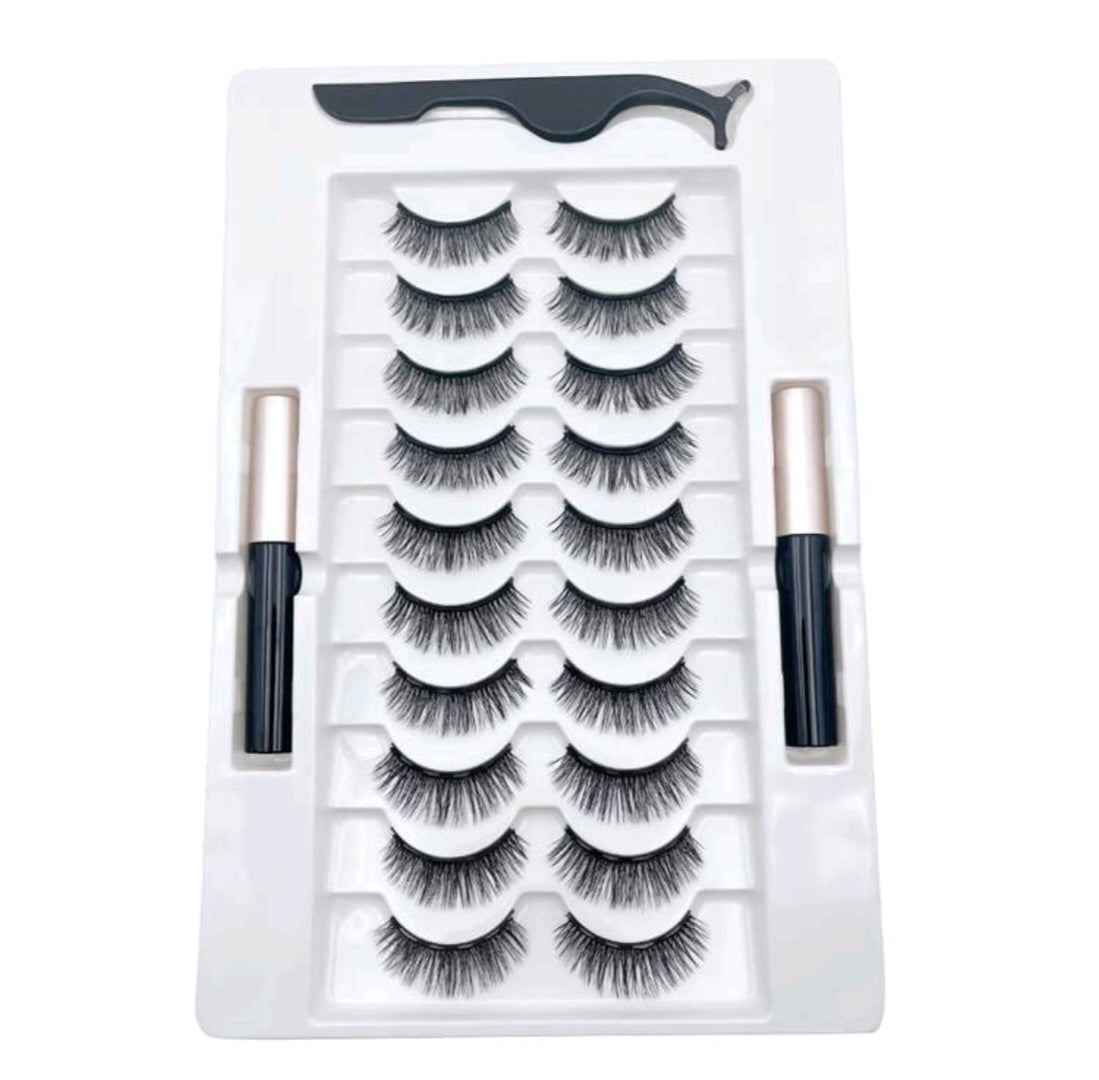 10 Pairs Magnetic Eyelashes Kit With - 2 Magnetic Eyeliners & Tweezer