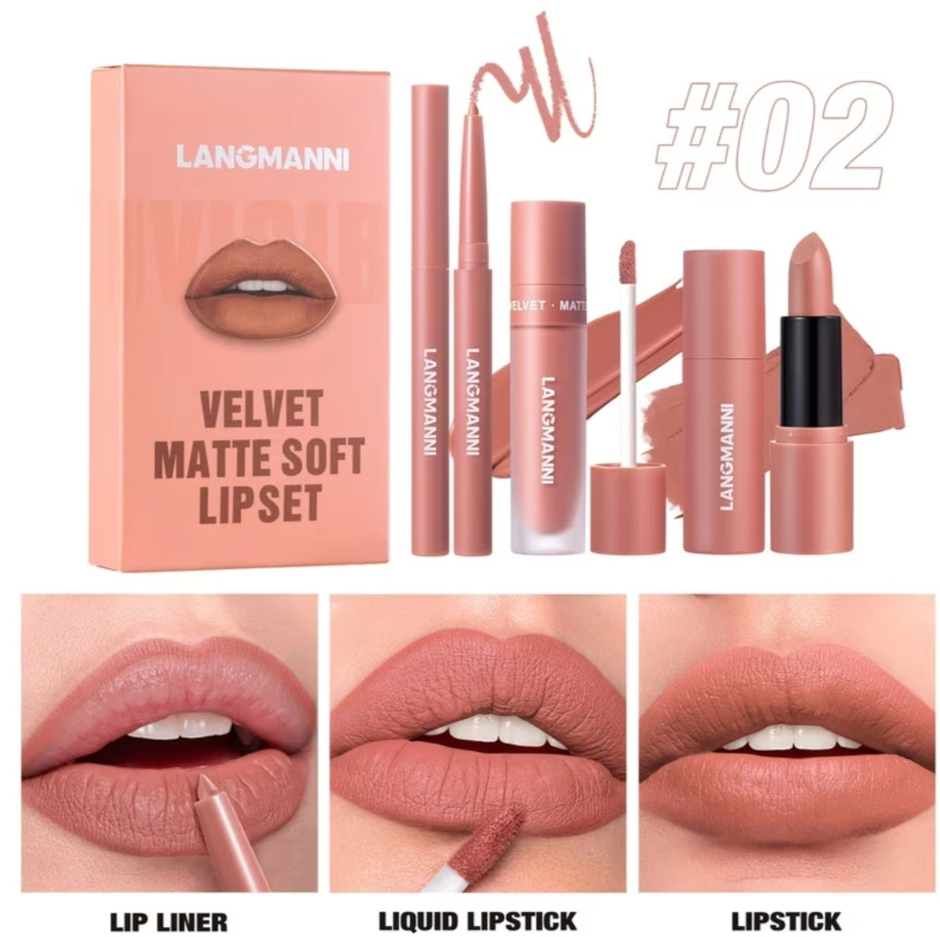 3 Set Matte Velvet Lipstick, Lip Liner Lip Gloss And Lipstick, Waterproof and Longlasting